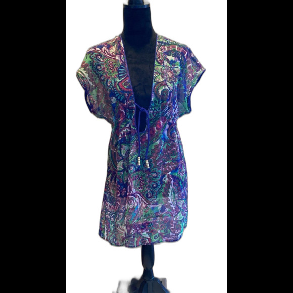 Becca Swimsuit Coverup Size XS-S Sheer Purple Green Elastic Waist Stylish Sexy! - Picture 1 of 12